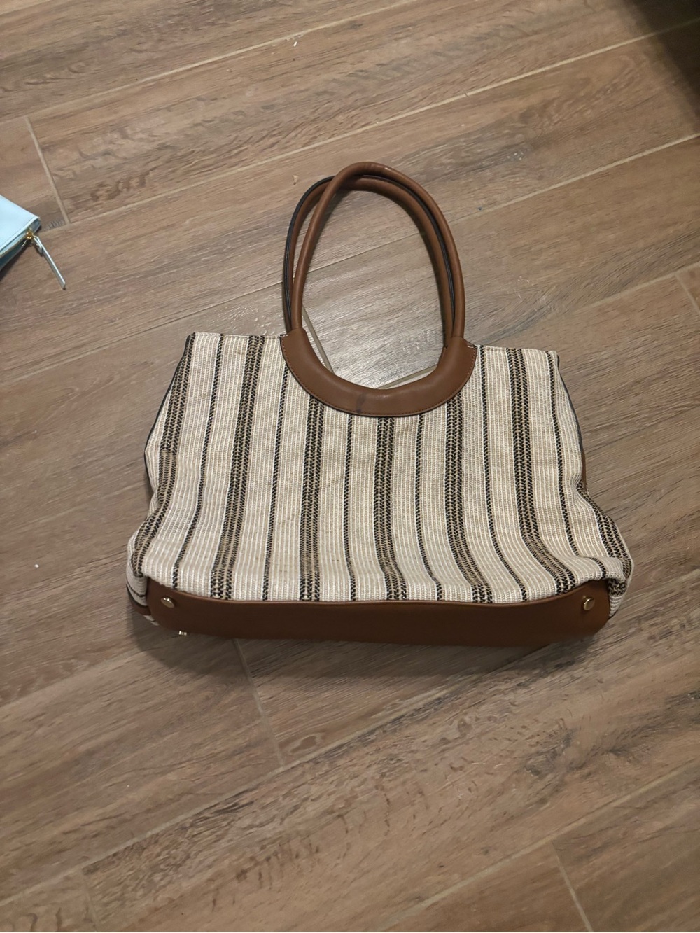 Clarks Striped Canvas Tote with Brown Trim and Handles